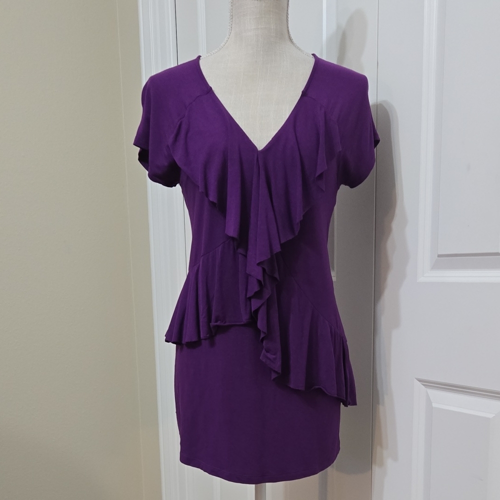 LIZ LANGE Elegant Purple Ruffle V-Neck Top SZ M